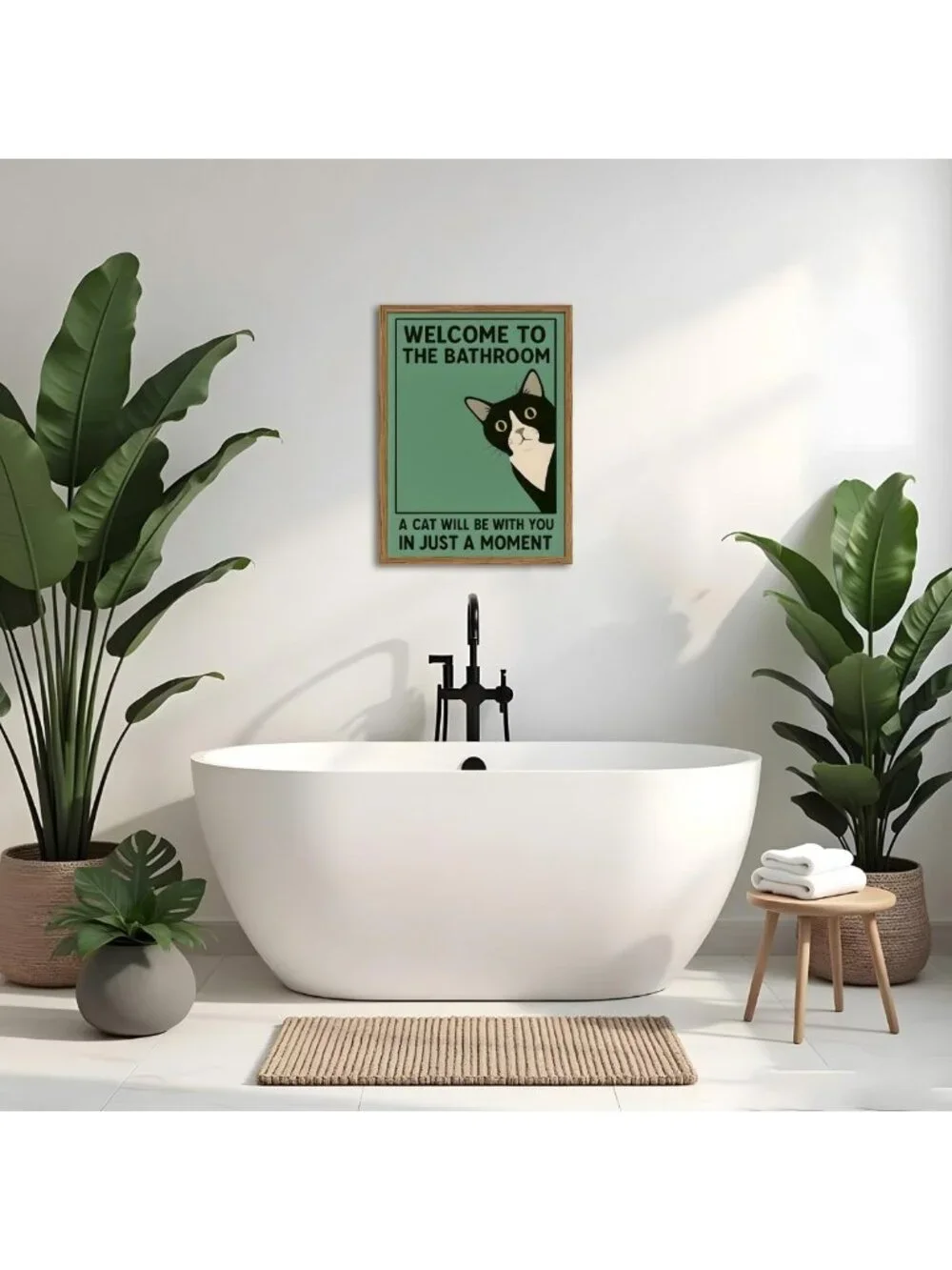 Quirky Tuxedo Cat Bathroom Wall Art - Cute Black & White Toilet Decor, 12x16